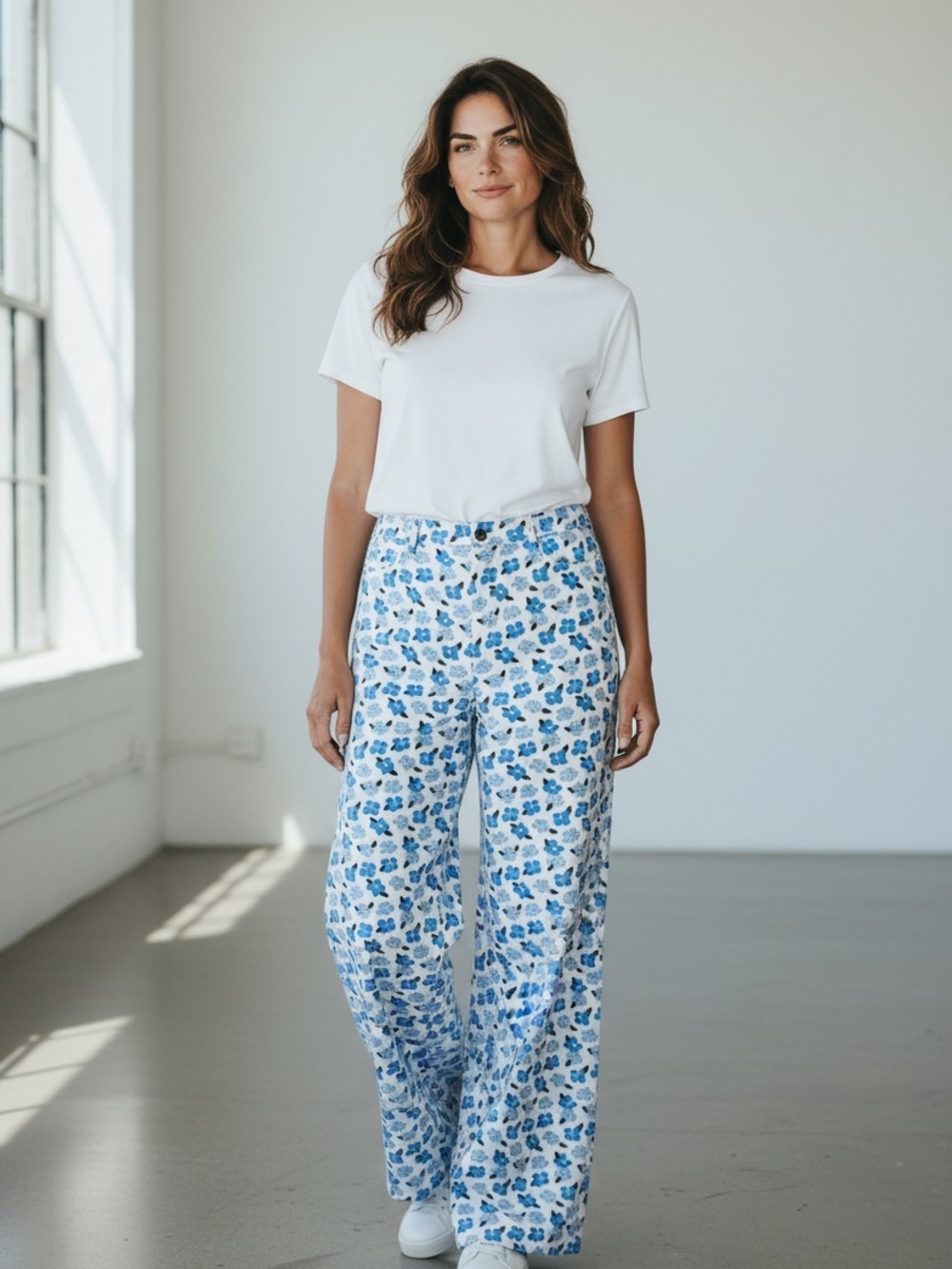Anniewear Women’s Floral Wide Leg  Jeans XL White Blue Daisy Print Boho NWT